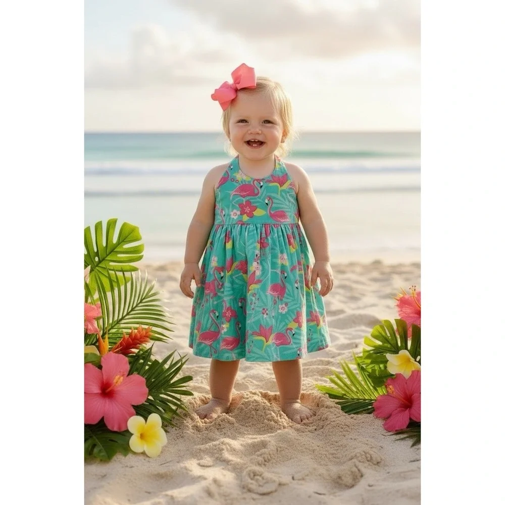 Gymboree Girls 9 12 Months Beautiful Tropical Green Flamingo Halter Dress 9m 12m